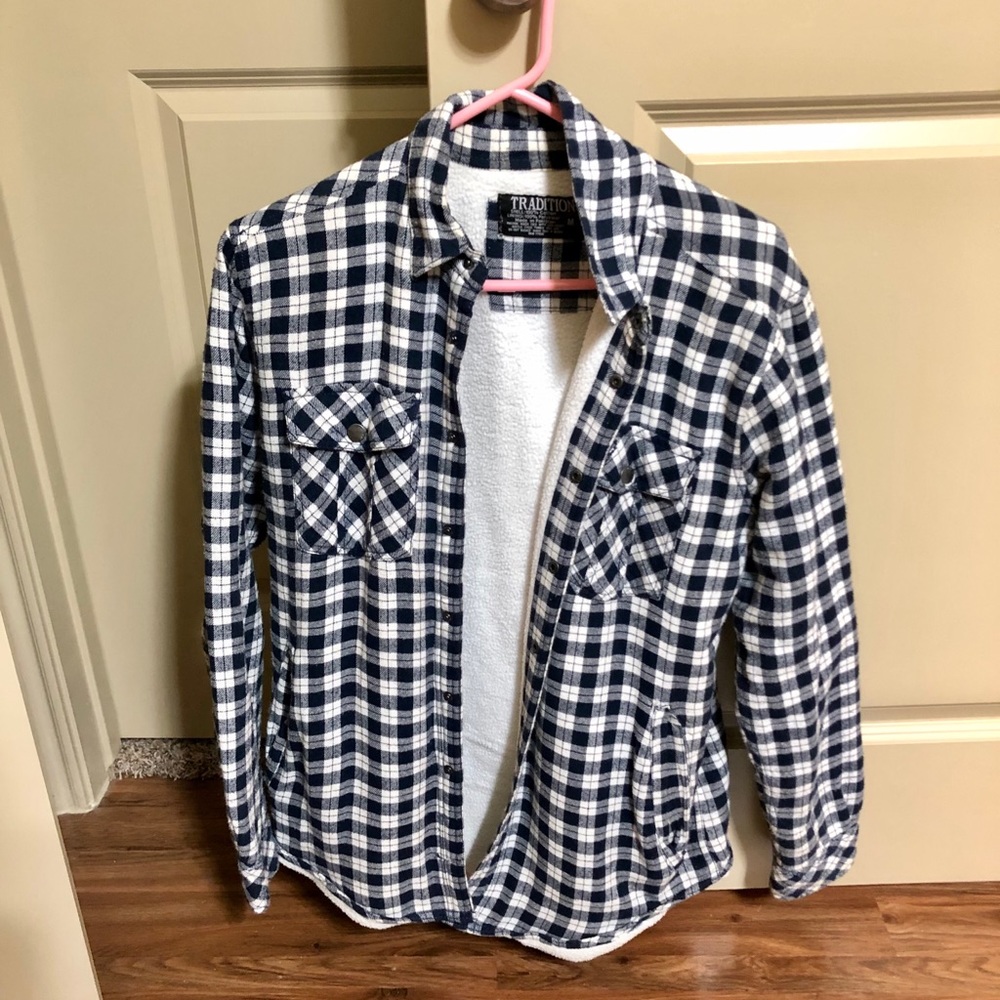 Navy blue and white striped flannel jacket!